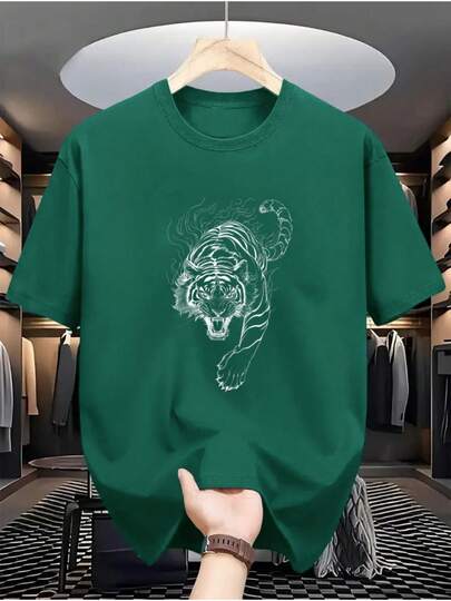 100% Pure Men's Round Neck Short Sleeve Line Tiger Pattern Casual Comfortable T-Shirt