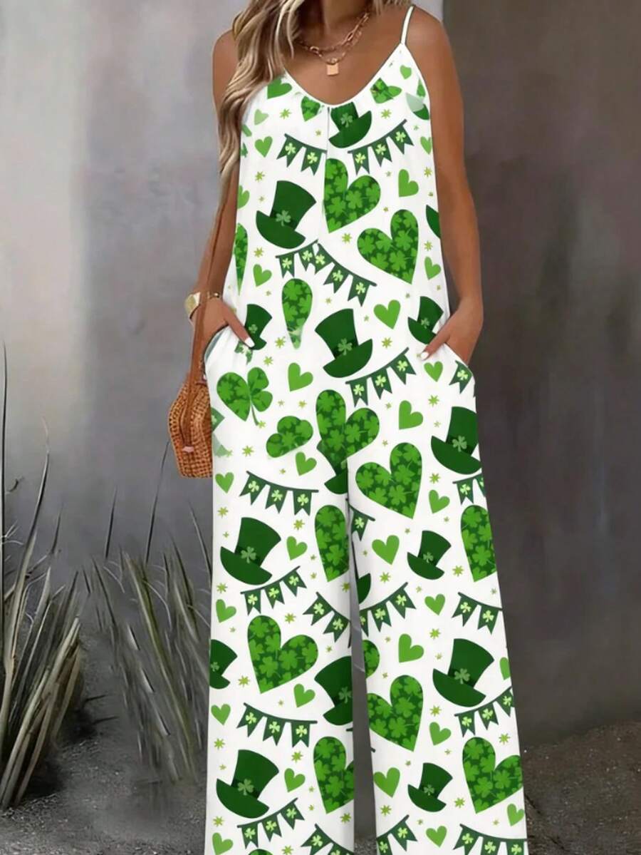 Women's Shamrock Print Jumpsuit: Long Sleeve V-Neck Romper With Side Pockets For St. Patrick's Day Outfits, Festive Spring Parties, Casual Weekend Wear & Lucky Everyday Style. - 多色1 - 查看 1