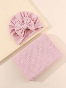 2件套新生儿婴儿襁褓毯和帽子套装，婴儿包巾毯和针织帽套装，适合0-6个月的女婴 - 彩色 - 查看 4