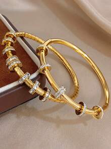 18K镀金不锈钢优雅锆石现代圆柱形叠层手链套装，适合女性，母亲节、圣诞节、冬季婚礼派对、日常配饰、周年纪念日、情人节、波西米亚风生日伴娘礼物 - 多色2 - 查看 2