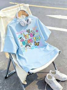 少女休闲印花圆领短袖T恤，夏季上衣 - 淺藍色 - 查看 4