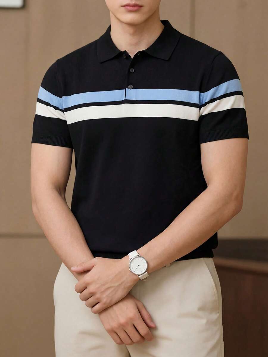Camisa polo casual de hombre ALTZTAR con cuello de contraste, de manga corta y de punto - Negro - Ver 1