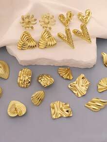24 Pieces - 304 Stainless Steel Earrings, Elegant And Fashionable With Low Allergenicity. Multi-Element Irregular Geometric Earrings Featuring Flowers, Wings, Hearts, Squares, Etc. - Multicolor - View 5
