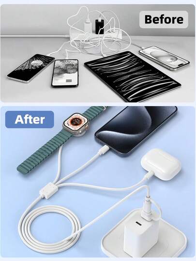 شاحن USB A/نوع-C متعدد الوظائف، كابل شحن سريع متوافق مع ساعة آبل سلسلة Ultra/SE/9/8/7/6/5/4/3/2/1، 16/15/14/13/12/11