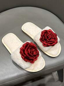 女士白色休闲毛绒拖鞋，室内3D红色玫瑰花家居拖鞋，平底软鞋，情人节礼物，套脚棉拖鞋 - 白色 - 查看 4