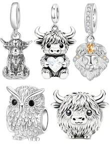 1pc Vivid Animal Series Pendant Necklace Charm, Featuring Highland Cow, Lion, Owl Beaded Decor, Creative Versatile DIY Bracelet Necklace Small Gift - Silver - View 1