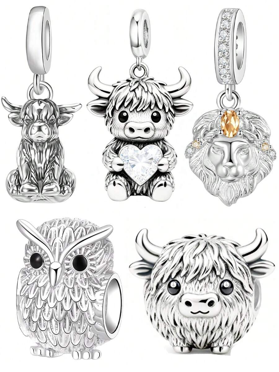 1pc Vivid Animal Series Pendant Necklace Charm, Featuring Highland Cow, Lion, Owl Beaded Decor, Creative Versatile DIY Bracelet Necklace Small Gift - Silver - View 1