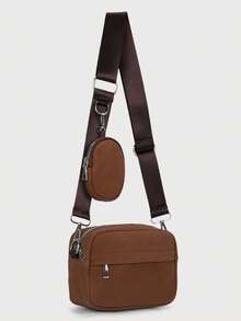 2个复古硬币图案男士斜挎包，可调节肩带，几何印花PU皮革休闲斜挎包，带拉链小袋，适合徒步旅行、户外活动、度假，也是送给丈夫、男友的情人节礼物。 - 駝色 - 查看 7