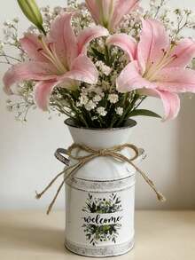 White Metal Vase. Suitable For Soft Pink Rose Bouquets; Placed On A Windowsill, It Creates A Refreshing And Healing Cozy Corner By Utilizing The Outdoor Greenery And Natural Light. - Tin Vase - View 10