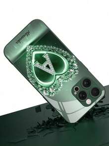 Shockproof Heart Pattern 1pc Customizable 26 Letters & Name Design With Green Rhinestone Heart Pattern Tempered Glass Phone Case, Compatible With IPhone 17 Air/16 ProMax/15 Pro/14 Plus/13 Pro/12 Pro Max/11/Xs Max/8/7/6 Plus, S24 Ultra/S25 Ultra/A12, High-End Business Custom, Best Gift For Boyfriend, Girlfriend And Family, Birthday, Anniversary,International Version, Not The Domestic Version - Green - View 7