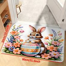 Tapete de porta com estampa de coelho e tema de Páscoa (1 peça) – Material macio de flanela de poliéster, absorvente e antiderrapante, ideal para ambientes internos, lavável à máquina, uma escolha perfeita para quartos, banheiros e halls de entrada. Um tapete com apelo decorativo e um toque sazonal. - Multicolorido - Ver 4