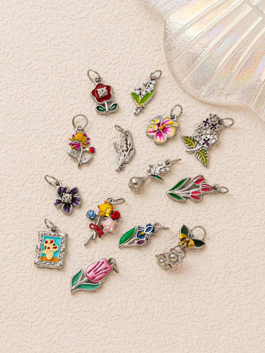 1件装优雅不锈钢花卉系列鸢尾花、郁金香、菊花、兰花、樱花DIY吊坠，18K镀金，DIY珠宝配件，项链、手链、耳环、钥匙扣、包包、女士珠宝、钱包、挂饰、小吊坠、礼物 - 彩色 - 查看 1