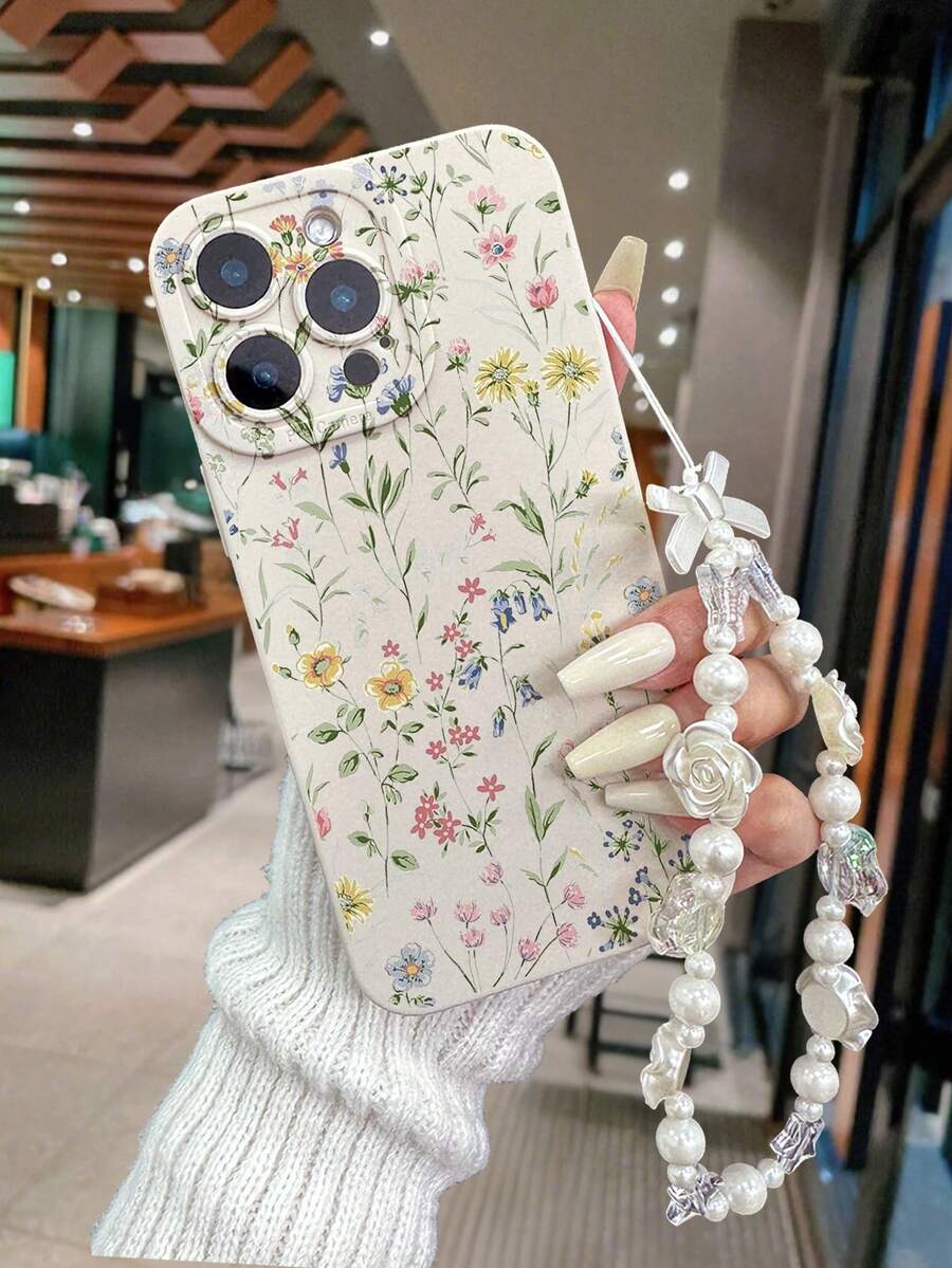 1pc Perforated Edged Floral Painted Thick Anti-Drop Painted Phone Case With Beaded Bracelet Accessory, Compatible With IPhone 16/11/16pro/16plus/16promax/16e/15Promax/13/14/12/XS/XR/7G/8P, Galaxy 11/12Pro/12/12X/13Pro/14Pro/15Pro, 10/9/Note9/12c/Note11pro/Note8Pro, International Version,  Not The Domestic Version - Multicolor - View 1