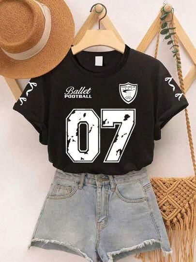 Tween Girls' Casual Sports Style Letter & Bow Print Comfortable Short Sleeve