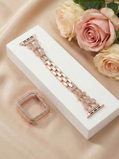 2件套女士时尚玫瑰金金属蝴蝶表带及PC表壳，兼容 40mm 41mm 44mm 45mm，奢华休闲智能手表表带，水钻装饰，兼容 Series Ultra 11 10 9 8 7 SE3 6 5 4 3 2 1