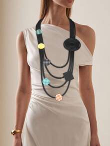 MARLIWOO 1pc Vintage Long Layered Geometric Checkerboard Circle Pendant Necklace, Fashion Party Jewelry For Women - Colorful - View 2