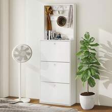 TYBOATLE Shoe Storage Cabinet With 3 Flip Drawers, Narrow Shoe Cabinet With 9 Hooks Coat Rack, Freestanding Slim Shoe Storage Organizer For Entryway, Hallway, Entrance, Bedroom, Living Room, White - 白色 - 查看 9