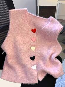 Áo khoác cardigan dệt kim màu hồng nhạt trang nhã dành cho nữ, kiểu dáng thanh lịch, họa tiết trái tim, thích hợp mặc trong nhiều lớp áo, áo không tay, áo vest dệt kim màu hồng ngọt ngào cài nút hình trái tim, áo vest cổ tròn cao cấp (Sản phẩm này chỉ bao gồm áo vest) Mùa hè - Hồng - Xem 3