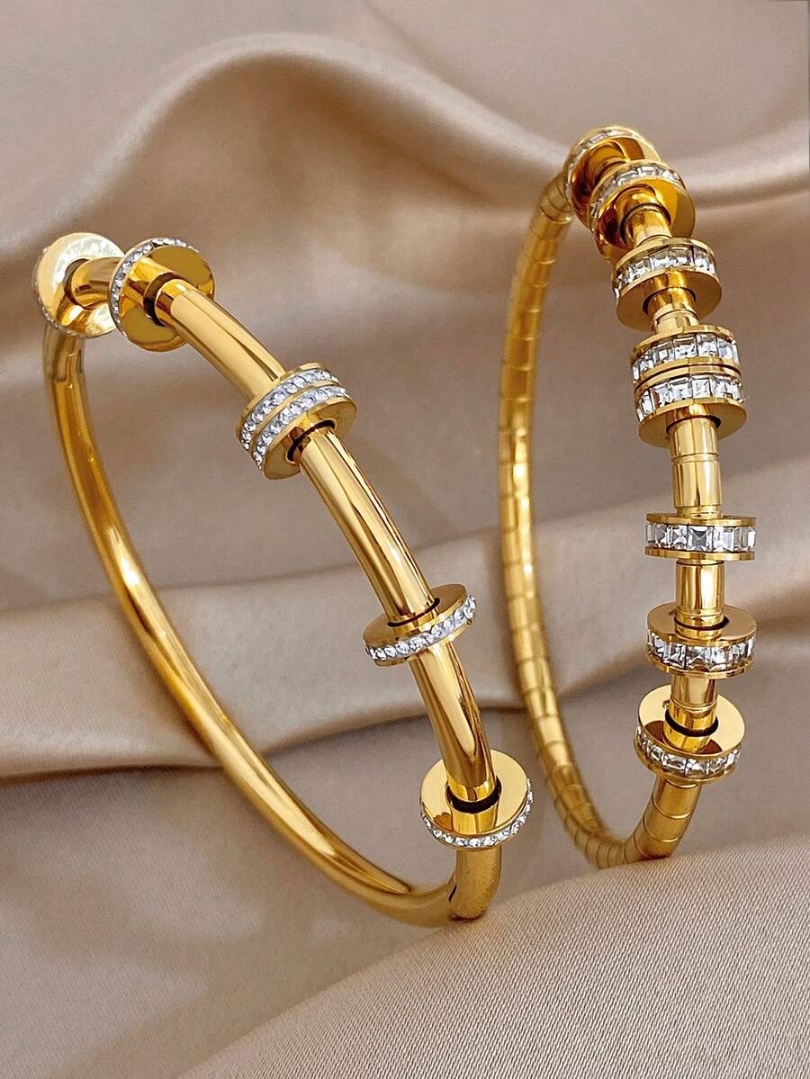 18K镀金不锈钢优雅锆石现代圆柱形叠层手链套装,适合女性,母亲节、圣诞节、冬季婚礼派对、日常配饰、周年纪念日、情人节、波西米亚风生日伴娘礼物 - 多色2 - 查看 1