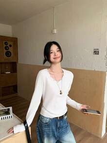 铆钉设计叠穿女式打底衫，长袖T恤，时尚韩版独特休闲上衣，适合秋冬季节穿着，白色春季款 - 白色 - 查看 5