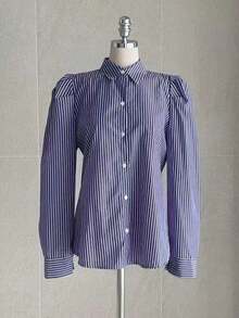 女士条纹长袖单排扣休闲/工作衬衫 - 藍色 - 查看 2