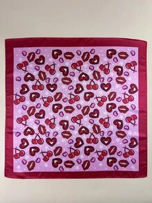 1件装女士樱桃爱心唇印优雅缎面围巾、领巾、头巾 - 粉色 - 查看 3