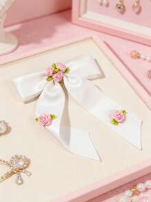 1 pieza Clip de pelo con lazo floral rosa lindo, accesorio de pelo de estilo dulce y pastoril para niñas - Multicolor - Ver 8