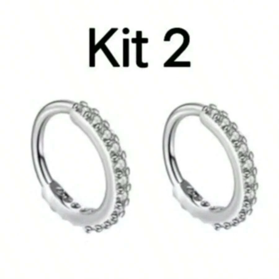 Kit Of 2 Nose Piercing Rings With Rhinestones, 8mm - M1 Prata+Prata/8mm - 查看 1