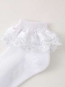 5 Pairs Girls' White Casual Ruffled Edge Mesh Socks, Fashionable Breathable Lace Trim Socks, Soft & Comfortable Princess Style Socks Suitable For Daily Wear, Parties, Back To School, Holidays, Dance Performances - White - View 3