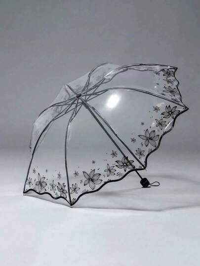1pc Floral Pattern Transparent Clear Umbrella, Stylish Romantic Flower Print Design, Windproof & Durable Construction, Sturdy Practical Rain Umbrella Suitable For School, Office, Home, Travel, Outdoor Activities & Back To School Supplies, Universal Unisex Design For Men And Women, Lightweight Portable Daily Rain Gear, Essential Fashion Accessory For All Seasons & Everyday Use
