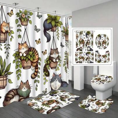 1/3/4pcs Cat Plants Pattern Shower Curtain Set With Hooks, Waterproof Shower Curtain, Toilet Cover Mat, Non-Slip Bathroom Rug, U-Shaped Bath Mat, Bathroom Decor Accessories