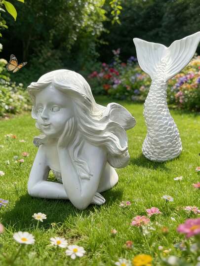 白色美人鱼花园雕像 - 户外草坪装饰雕塑，适用于庭院、露台、花坛和鱼塘装饰