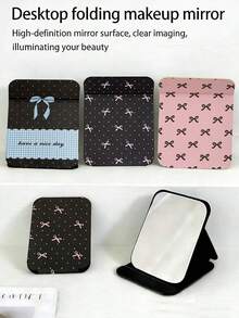 1pc Foldable Mirror, New Fashion French Plaid, Letter, Yellow Silk, Polka Dot, Star, Ribbon, Bow Design Tabletop Makeup Mirror, Anti-Drop, Portable, Suitable For Home, Travel, Dorm, Gift For Friends, Family, Girlfriend, Valentine's Day, Mother's Day - Multicolor - View 1