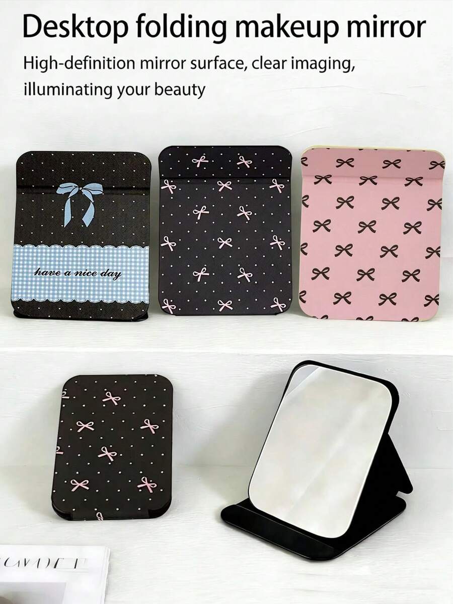 1pc Foldable Mirror, New Fashion French Plaid, Letter, Yellow Silk, Polka Dot, Star, Ribbon, Bow Design Tabletop Makeup Mirror, Anti-Drop, Portable, Suitable For Home, Travel, Dorm, Gift For Friends, Family, Girlfriend, Valentine's Day, Mother's Day - Multicolor - View 1