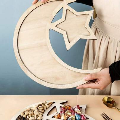 1pc Moon & Star Shaped Wooden Decorative Ornament, Craft Decor, Home Accessory, Snack Tray