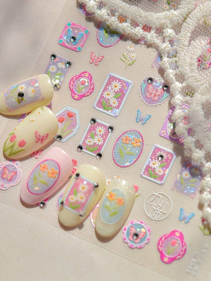 1片5D水晶钻石美甲贴纸甜美雏菊花框饰品贴纸自粘美甲贴纸DIY美甲贴纸 - 彩色 - 查看 1