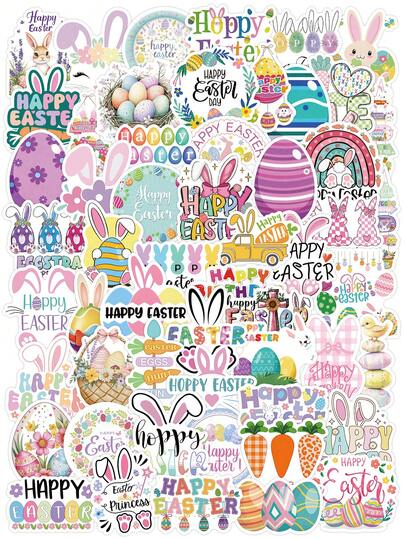 52/55张复活节主题贴纸，包含兔子和彩蛋图案，节日装饰贴纸，可用于日记本、笔记本电脑、马克杯等，营造欢乐的节日氛围。