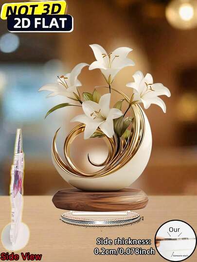 1 pieza Plano 2D - 1 Elegante Jarrón de Cristal con Lirio Blanco y Decoración Dorada - Decoración de Dormitorio, Sala de Estar, Oficina Plano 2D | Ideal para Boda, Aniversario, Cumpleaños, Graduación, Decoración de Jarrón, Regalo del Día de San Valentín, Decoración del Hogar