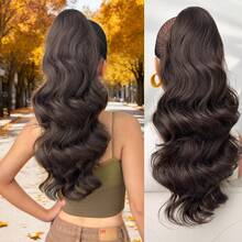 Ponytail Extension Drawstring Clip Style Wig, Black Brown Burgundy 22 Inch Long Wave Synthetic Heat-Resistant Fiber Synthetic Wig, Suitable For Women's Parties And Daily Use - Two-Tone - View 13