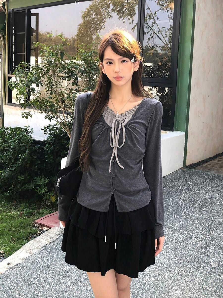 女士韩版荷叶边系带长袖T恤，百搭 - 灰色 - 查看 1