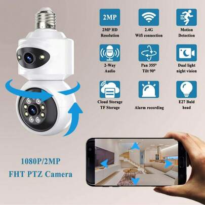 1080P 高清监控摄像头，户外双灯摄像头，无线网络摄像头，内置热点，循环录像，手机APP控制，E27灯头，仅支持2.4G网络，高清夜视，远程监控，移动侦测，报警录像，SD卡存储（最大256GB），适用于家庭、车载、办公室等场景，室内外均可使用，24/7在线