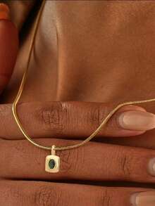 1pc Women's Pendant Necklace, Minimalist Layered Design, Stainless Steel With Embedded Green Zirconia Rectangular Pendant, Versatile Daily Wear, Gift Accessory - Yellow Gold - View 5