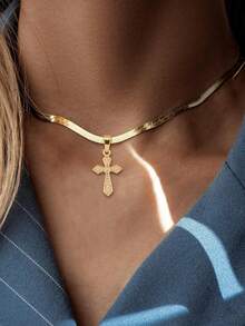 1pc Women's Pendant Necklace, Minimalist Layered Style, Stainless Steel Flat Chain With Cubic Zirconia Cross Pendant, Versatile Daily Wear, Gift Accessory - Yellow Gold - View 5