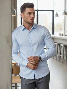 Camicia da uomo con bottoni, vestibilità regolare, maniche lunghe, colletto classico, polsini regolabili, camicia formale da lavoro, realizzata in tessuto misto di cotone, poliestere ed elastan dalla consistenza liscia, adatta all'uso quotidiano. - Blu - Visualizzare 4