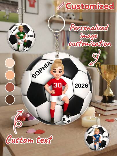 Personalized Soccer Girl Acrylic Keychain With Custom Name Number And 2026 Year Cute Cartoon Football Player Keyring Personalized Image Sports Keepsake Meaningful Kids Soccer Achievement Gift For Daughter Young Athlete Backpack Key