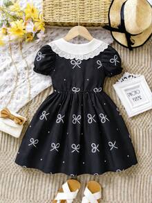 复古洛丽塔女童连衣裙，蝴蝶结印花，黑色蝴蝶结印花泡泡袖女童连衣裙，蕾丝彼得潘领腰部喇叭下摆公主裙，儿童生日派对拍照时尚连衣裙，春夏款 - 黑色 - 查看 2