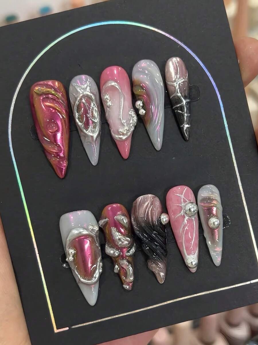 10片哥特朋克风美甲贴片，手工制作，优雅女士杏仁形美甲贴片，美甲艺术，情人节礼物，适合女孩和女士在派对和日常佩戴的美甲用品