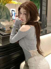 New Sexy Hollow Out Shoulder Long Sleeve Knit Sweater For Women, Contrast Lace Back, Spring/Summer - Gray - View 1