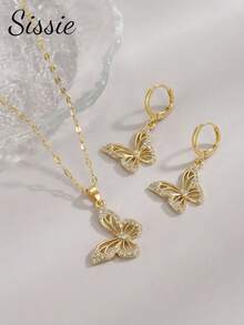 3pcs/Set Beautiful Delicate Sweet Cubic Zirconia Decor Hollow Butterfly Necklace & Drop Earrings Suitable For Teengirls Daily Wear Jewelry Accessory Gift - Gold - View 6
