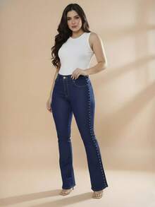 pthirillo Women's Dark Blue Flare Jeans With Butt-Lifting, High Waist, And Rhinestone Detail - Premium Rhinestone Jeans - Side Rhinestones - View 9